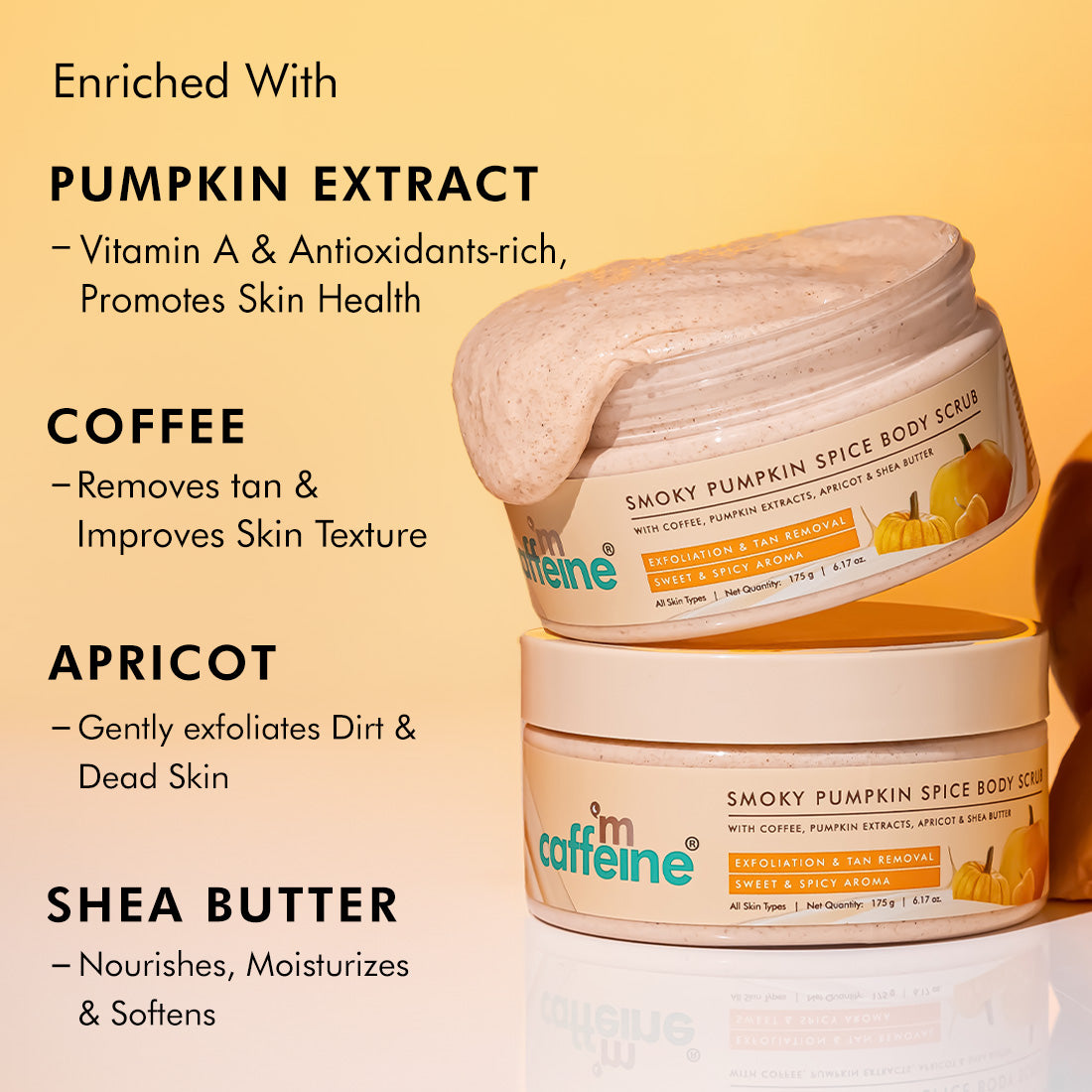 mCaffeine Smoky Pumpkin Spice Coffee Body Scrub for Glowing Skin, Exfoliates & Removes Tan