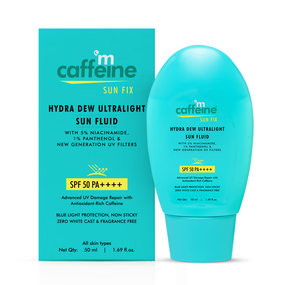 mCaffeine SunFix Hydra Dew Ultralight SunFluid SPF 50 PA++++ UVA/B Blue Light Protection, Glow Water