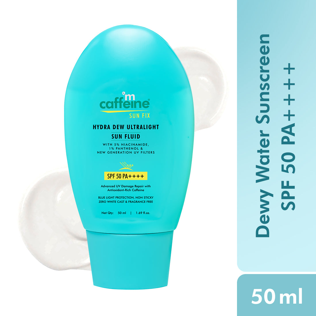 mCaffeine SunFix Hydra Dew Ultralight SunFluid SPF 50 PA++++ UVA/B Blue Light Protection, Glow Water