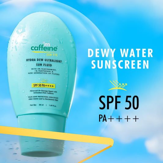 mCaffeine SunFix Hydra Dew Ultralight SunFluid SPF 50 PA++++ UVA/B Blue Light Protection, Glow Water