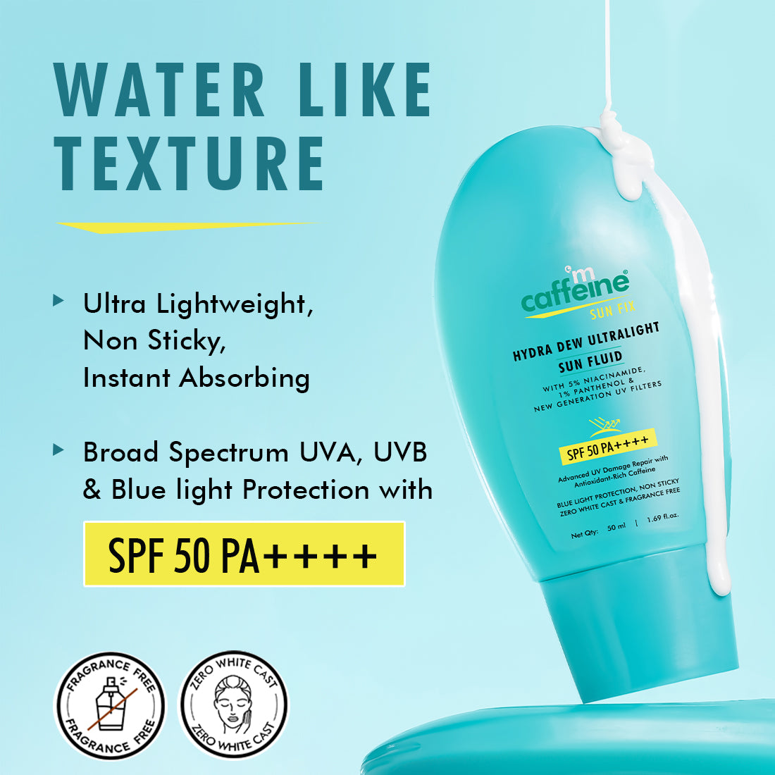 mCaffeine SunFix Hydra Dew Ultralight SunFluid SPF 50 PA++++ UVA/B Blue Light Protection, Glow Water