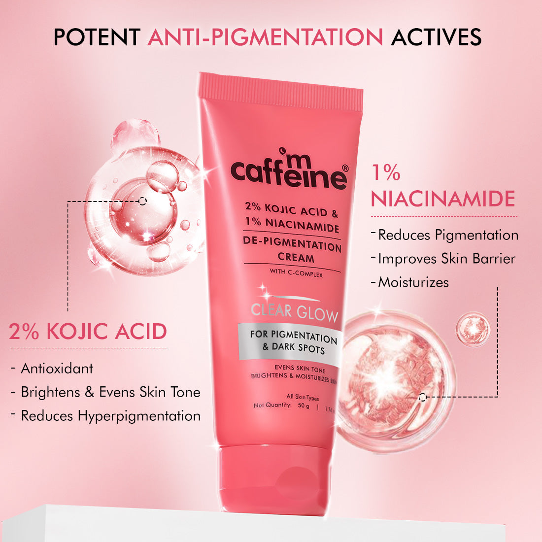 mCaffeine CLEAR GLOW 2% Kojic Acid 1% Niacinamide Pigmentation Removal Face Cream-Reduce Dark Spots