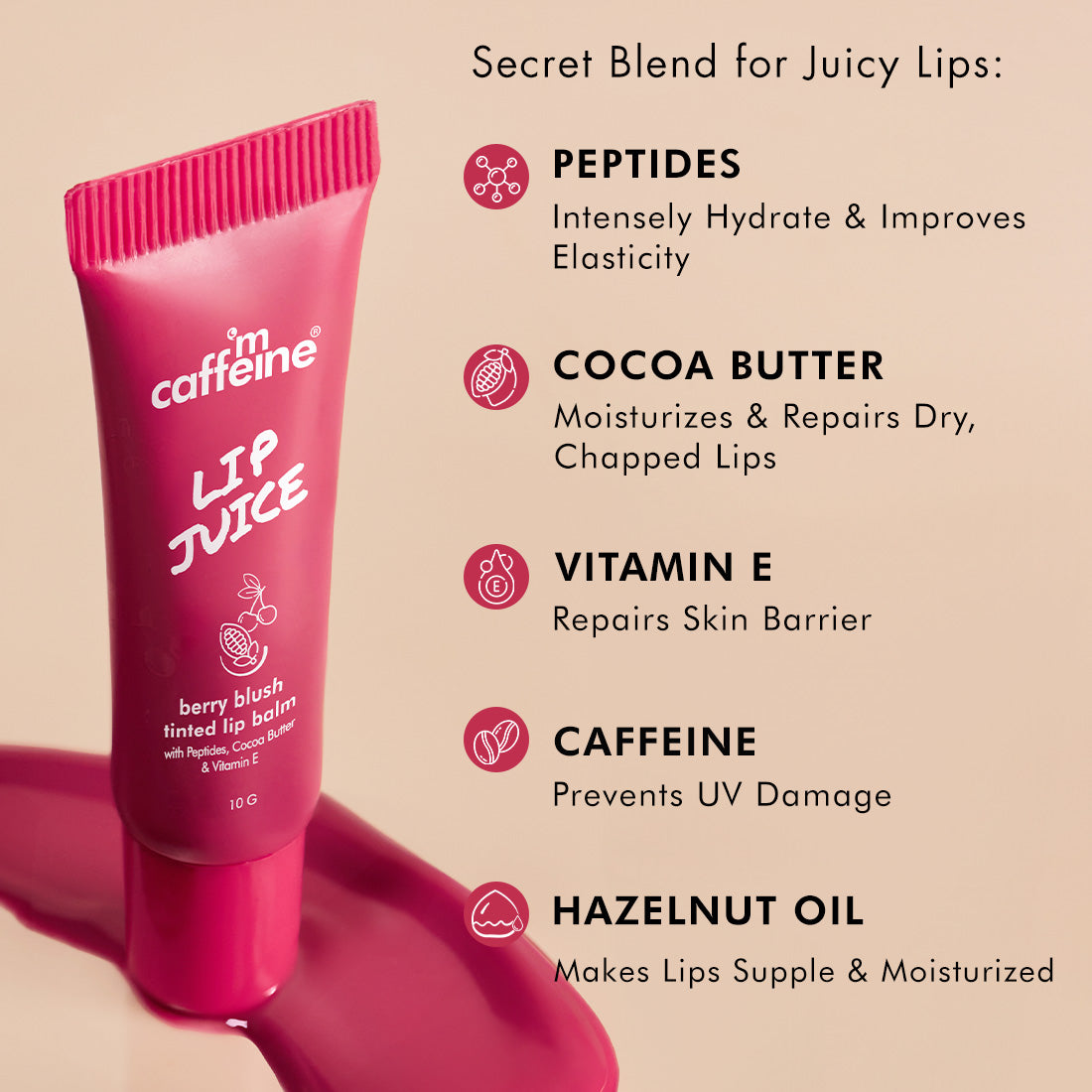 mCaffeine Lip Juice Tinted Lip Balm - Berry Blush | Sheer Pink Tint | 24 hrs Moisturization