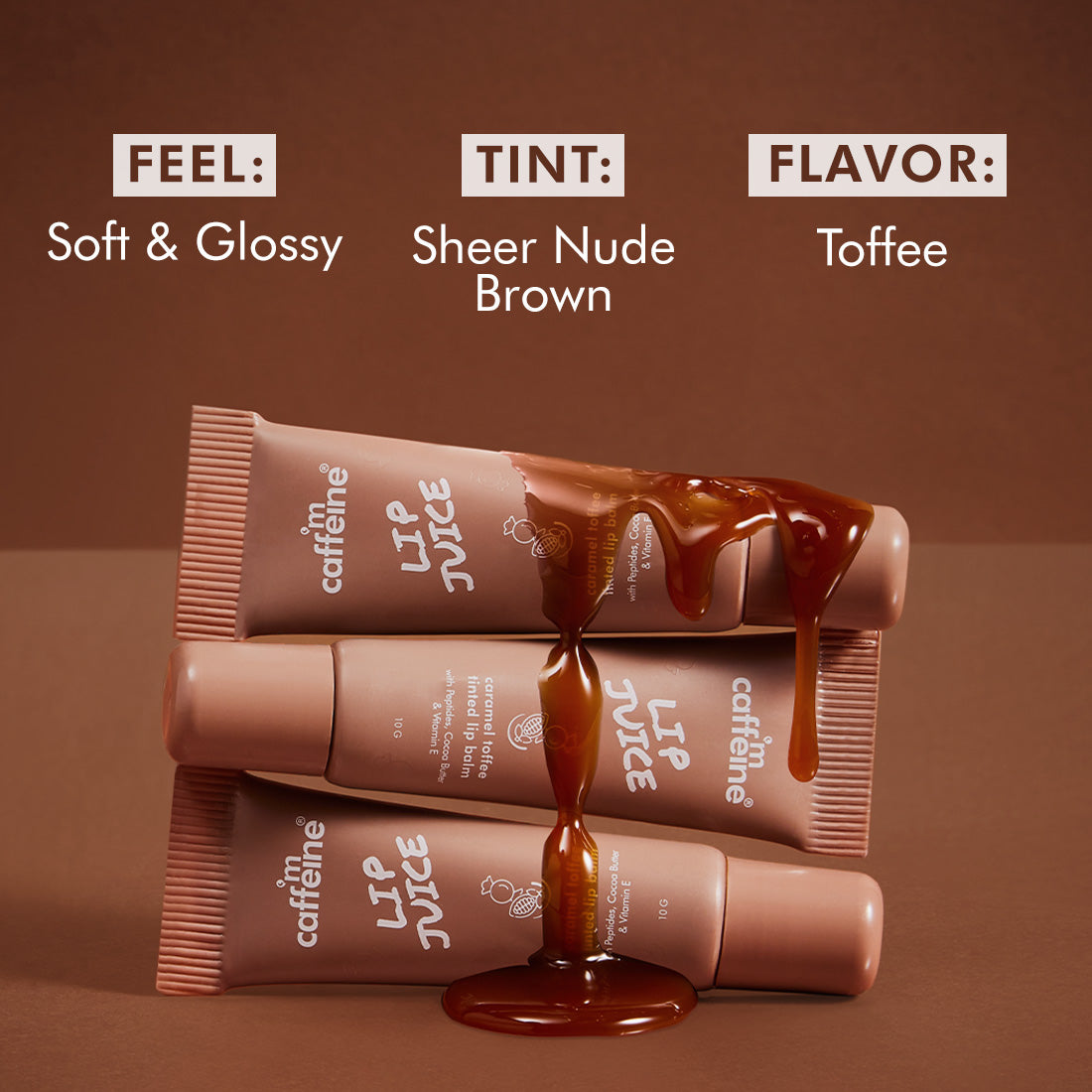 mCaffeine Lip Juice Tinted Lip Balm - Caramel Toffee | Sheer Brown Tint | 24 hrs Moisturization