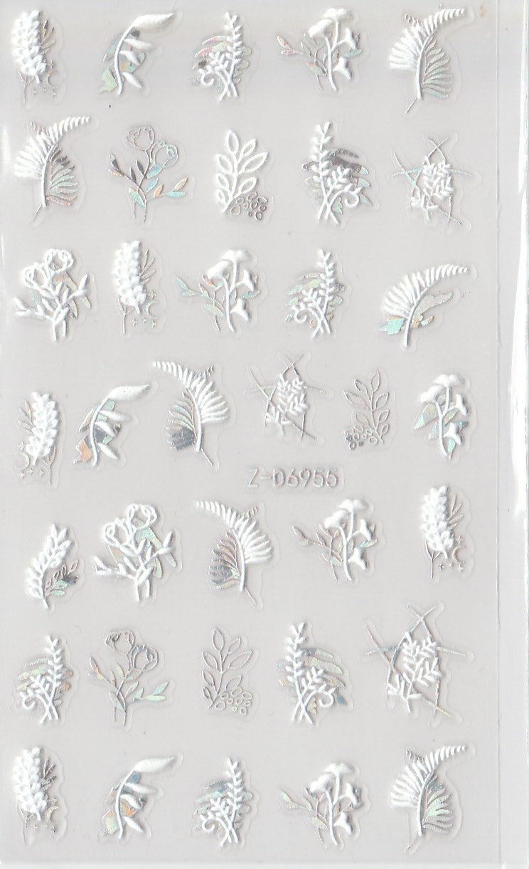 5D Self-Adhesive Nail Art Stickers - Silver Leaves D6955