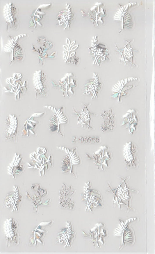 5D Self-Adhesive Nail Art Stickers - Silver Leaves D6955