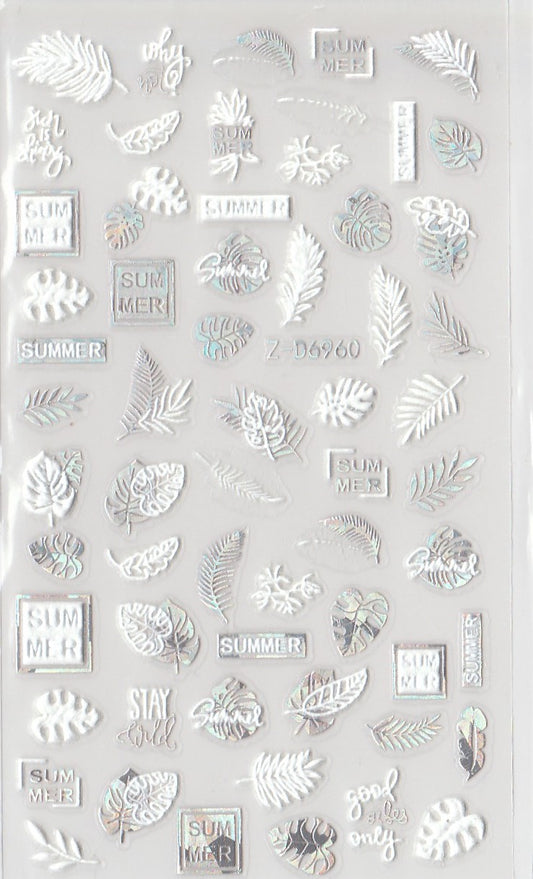 5D Self-Adhesive Nail Art Stickers - Silver Leaves D6960