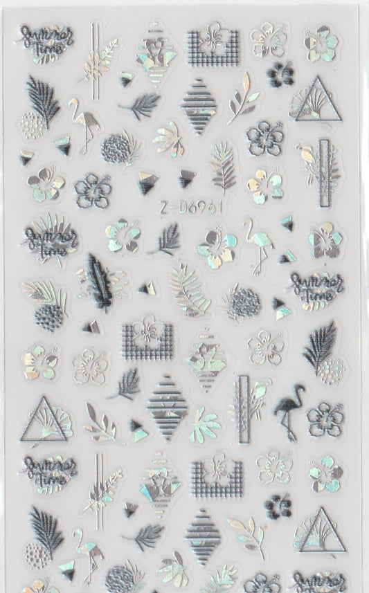 5D Self-Adhesive Nail Art Stickers - Silver Summer Time D6961