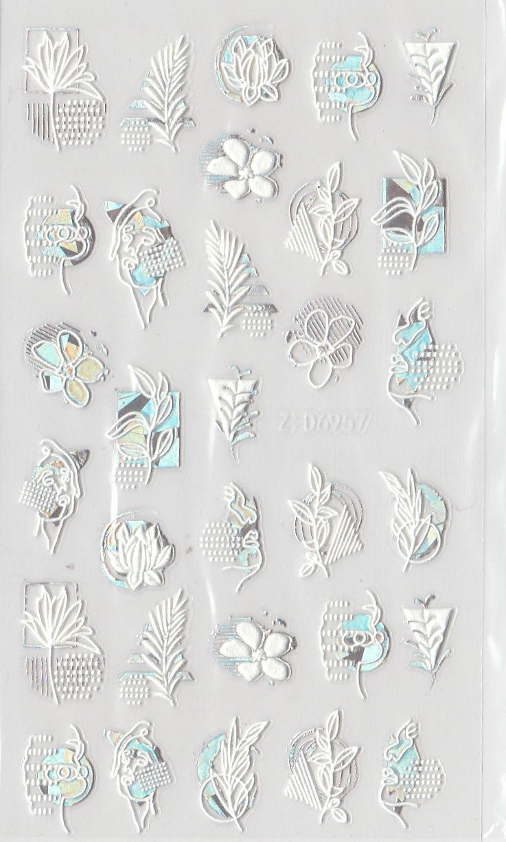 5D Self-Adhesive Nail Art Stickers - Silver Leaves D6957