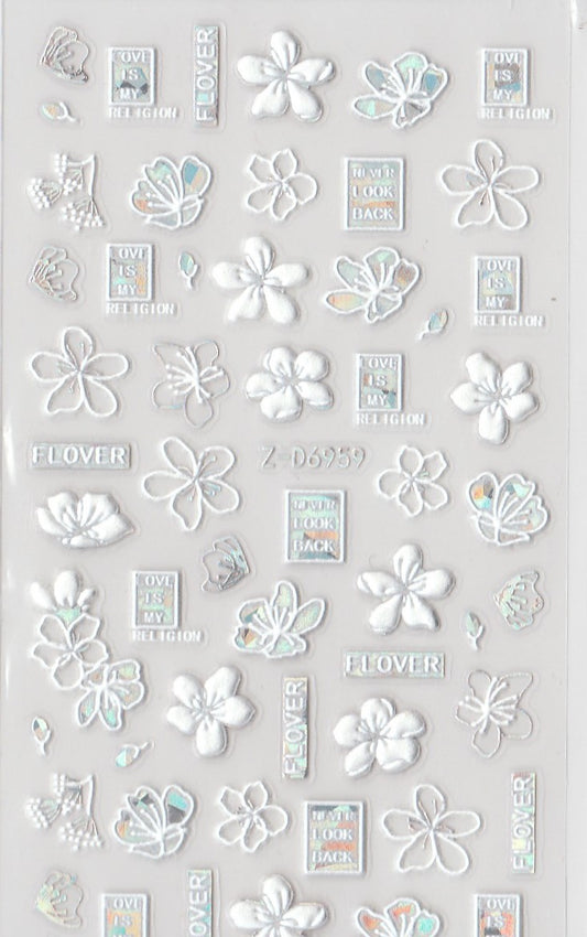 5D Self-Adhesive Nail Art Stickers - Silver Flowers D6959