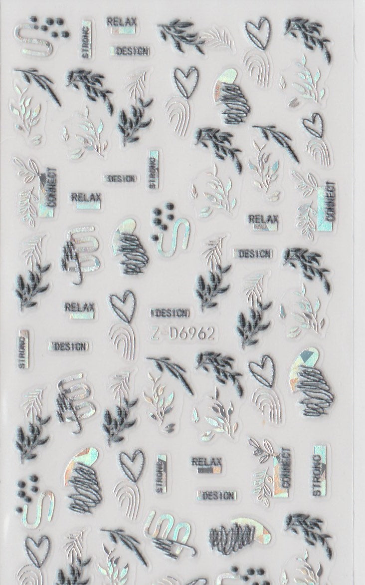 5D Self-Adhesive Nail Art Stickers - Silver Leaves D6962