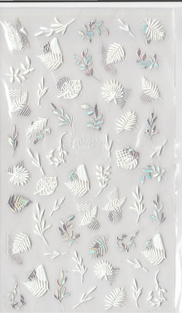 5D Self-Adhesive Nail Art Stickers - Silver Leaves D6965