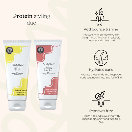 Protein Styling Duo | For Curly, Wavy, Dry & Frizzy Hair | Enriched With Jojoba Oil and Sunflower Oil | Frizz Control | Silicone Free Curl Activator | Curl Defining Cream & Gel| 250gm each + Free Best Selling Minis (Pack Of 6)