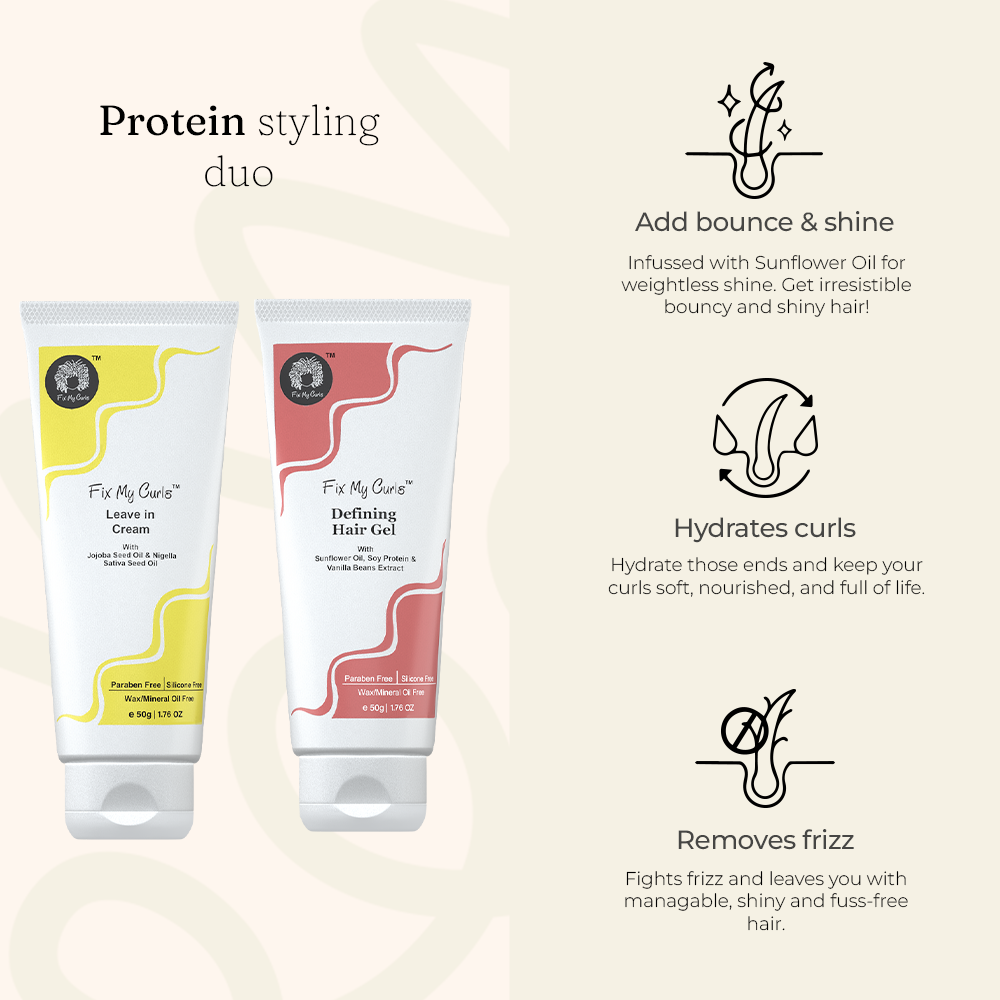 Protein Styling Duo | For Curly, Wavy, Dry & Frizzy Hair | Enriched With Jojoba Oil & Sunflower Oil | Frizz Control | Silicone Free Curl Activator | Curl Defining Cream & Gel| 50gm each + Free Best Selling Minis (Pack Of 6)