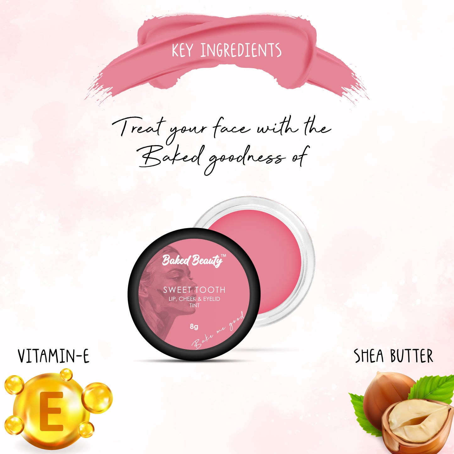 Lip and Cheek Tint for Hydrating Lips Enriched with Vitamin E and Shea Butter, Sweet Tooth - 8g