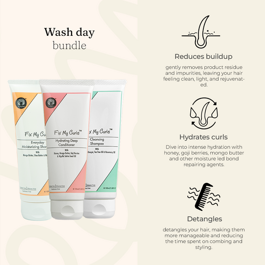 Wash Day 3 Step Bundle | Cleansing Shampoo, Everyday Moisturizing Shampoo & Hydrating Deep Conditioner | Cruelty-Free, Silicone & Sulphate Free | For Curly, Wavy, Dry Hair | 250gm each + Free Best Selling Minis (Pack Of 6)