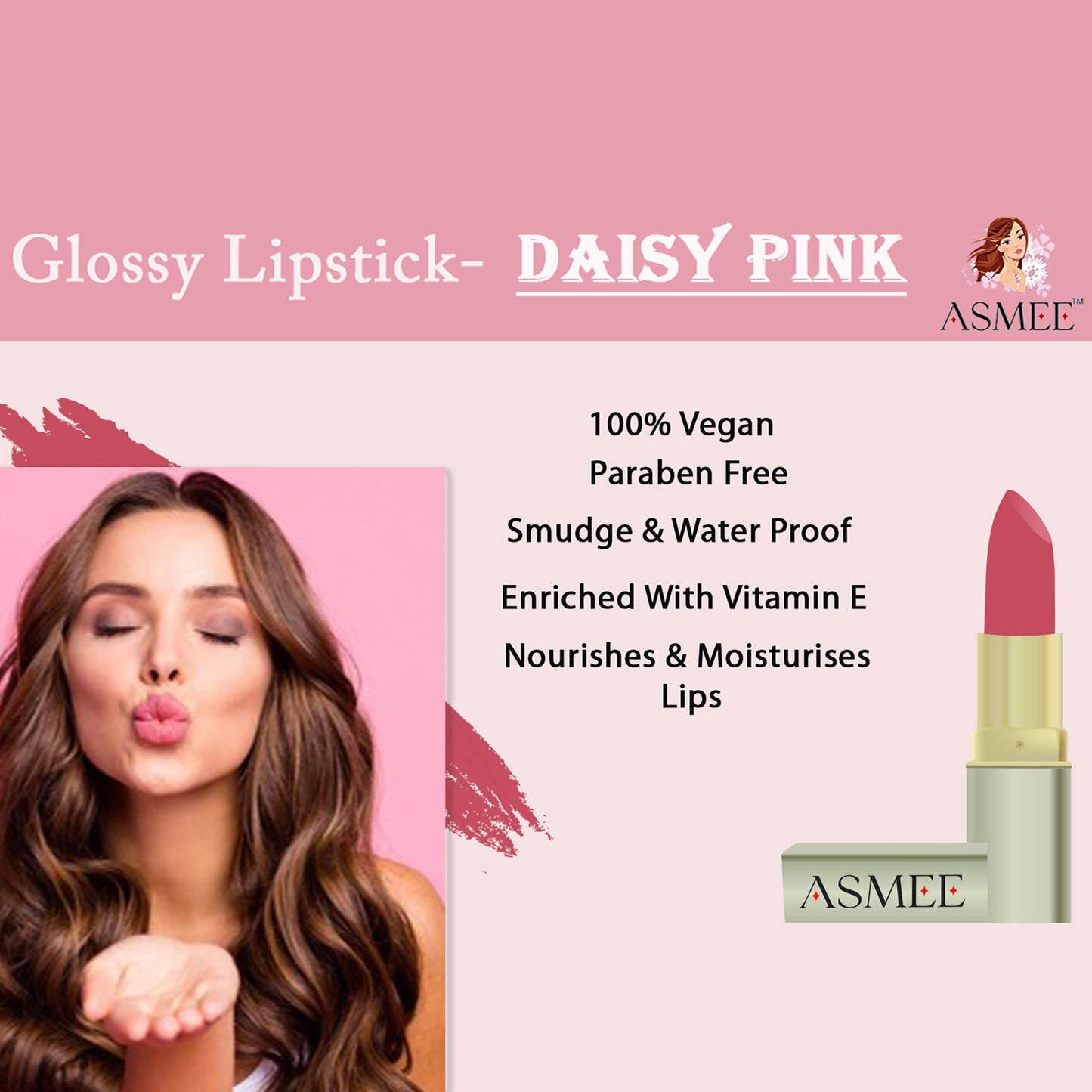 Asmee Glossy Lipstick - Daisy Pink