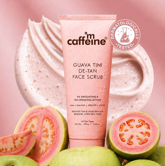 mCaffeine Guava Tini De-Tan Face Scrub | 5% Physical & Natural Exfoliants | De-Tanned, Smoother Skin | Pore Cleansing | Removes Blackheads | AHAs - Glycolic & Lactic Acid | Walnut & Apricot | For Women & Men | Suitable for All Skin Types - 100g