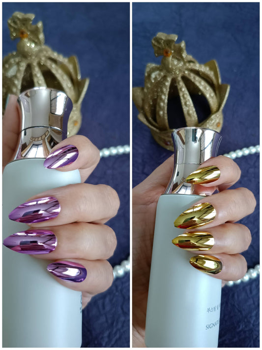 Combo of Acrylic/ Press-on Designer Nails with Glue Tabs | Artificial Nails Under 200 - Almond Shaped Purple Chromatic-Golden Chromatic