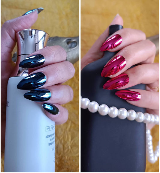 Combo of Acrylic/ Press-on Designer Nails with Glue Tabs | Artificial Nails Under 200 - Almond Shaped Blue Chromatic-Magenta Chromatic