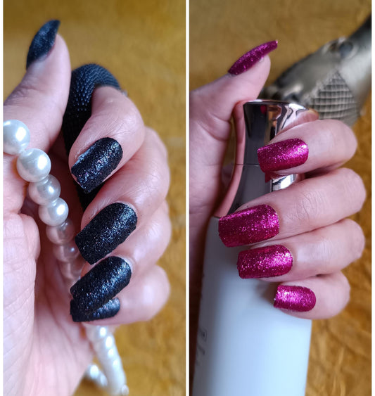 Combo of Acrylic/ Press-on Designer Nails with Glue Tabs | Artificial Nails Under 200 - Box Shaped Black Shimmer-Magenta Shimmer