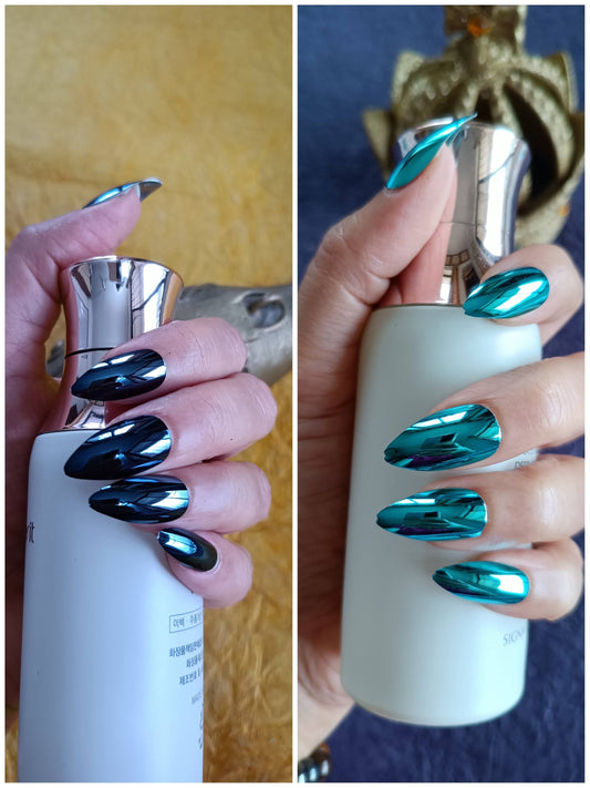 Combo of Acrylic/ Press-on Designer Nails with Glue Tabs | Artificial Nails Under 200 - Almond Shaped Blue Chromatic-Teal Chromatic