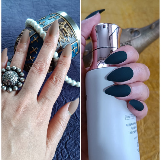 Combo of Acrylic/ Press-on Designer Nails with Glue Tabs  | Artificial Nails Under 200  - Almond Shaped Brown Matte-Bottle Green Matte