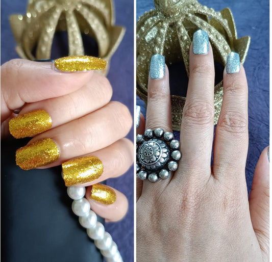 Combo of Acrylic/ Press-on Designer Nails with Glue Tabs | Artificial Nails Under 200 - Box Shaped Golden Shimmer-Silver Shimmer