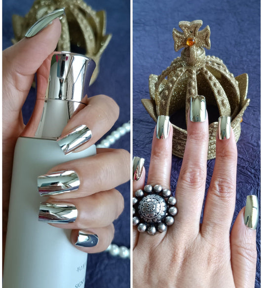 Combo of Acrylic/ Press-on Designer Nails with Glue Tabs  | Artificial Nails Under 200  - Box Shaped Golden Chromatic-Silver Chromatic