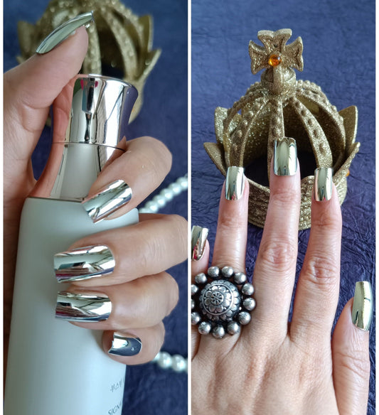 Combo of Acrylic/ Press-on Designer Nails with Glue Tabs | Artificial Nails Under 200 - Box Shaped Golden Chromatic-Silver Chromatic