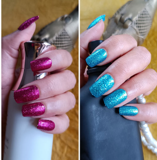 Combo of Acrylic/ Press-on Designer Nails with Glue Tabs | Artificial Nails Under 200 - Box Shaped Magenta Shimmer-Teal Shimmer