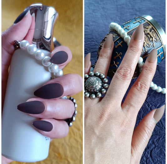 Combo of Acrylic/ Press-on Designer Nails with Glue Tabs | Artificial Nails Under 200 - Almond Shaped Maroon Matte-Brown Matte