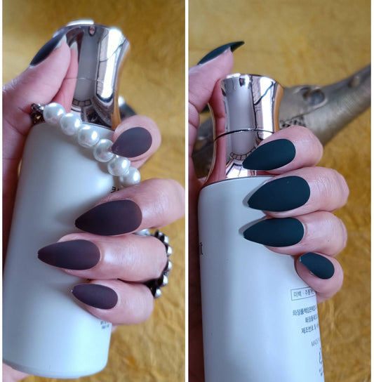 Combo of Acrylic/ Press-on Designer Nails with Glue Tabs | Artificial Nails Under 200 - Almond Shaped Maroon Matte-Bottle Green Matte