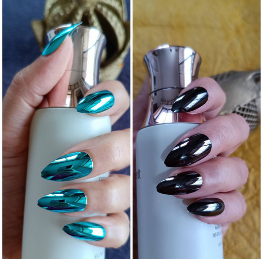 Combo of Acrylic/ Press-on Designer Nails with Glue Tabs | Artificial Nails Under 200 - Almond Shaped Black Chromatic-Teal Chromatic
