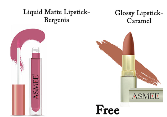 Asmee Liquid Lipstick - Bergenia  &  Get Glossy Lipstick- Caramel Free