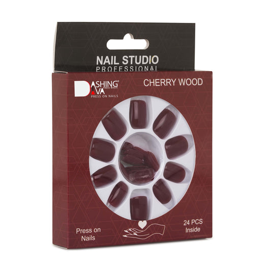 Stick On Nails | Cherry Wood Fake/False Reusable Acrylic Press on Nails With Quick Dry Nail Glue