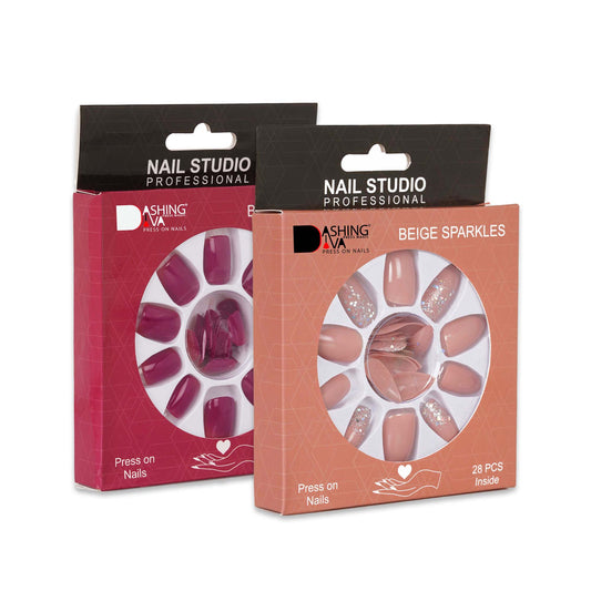 Stick On Nails | Dashing Diva Press Magic Brick Red, Beige Sparkles False Reusable Acrylic Press on Nails With Quick Dry Nail Glue, Pack of 2