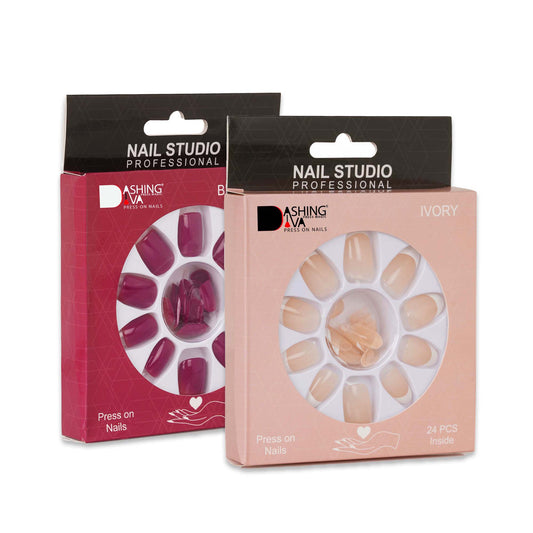 Stick On Nails | Dashing Diva Press Magic Brick Red, Ivory Fake Reusable Acrylic Press on Nails With Quick Dry Nail Glue, Pack of 2