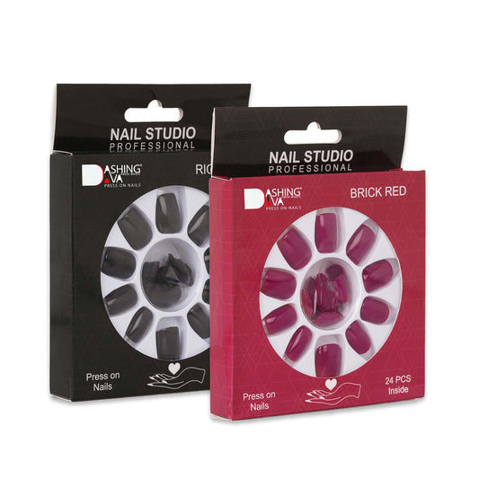 Stick On Nails | Dashing Diva Press Magic Brick Red, Rich Black Reusable Fake False Acrylic Press on Nails With Quick Dry Nail Glue, Pack of 2