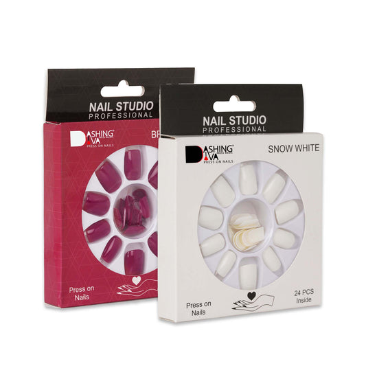 Stick On Nails | Dashing Diva Press Magic Brick Red, Snow White False Fake Reusable Acrylic Press on Nails With Quick Dry Nail Glue, Pack of 2