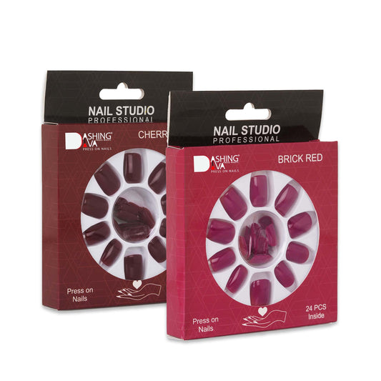 Stick On Nails | Dashing Diva Press Magic Brick Red, Cherry Wood Artificial Reusable Acrylic Press on Nails With Quick Dry Nail Glue, Pack of 2