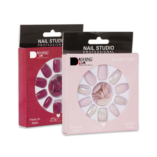 Stick On Nails | Dashing Diva Press Magic Brick Red, Blush Pink Reusable Artificial Acrylic Press on Nails With Quick Dry Nail Glue, Pack of 2