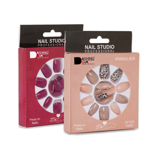 Stick On Nails | Dashing Diva Press Magic Brick Red, Animalier Reusable False Acrylic Press on Nails With Quick Dry Nail Glue, Pack of 2