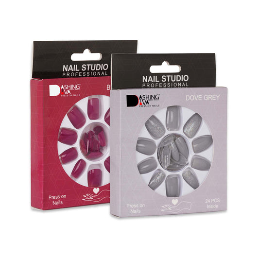 Stick On Nails | Dashing Diva Press Magic Brick Red, Dove Grey Reusable Acrylic Press on Nail Extension With Quick Dry Nail Glue, Pack of 2