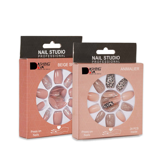 Stick On Nails | Dashing Diva Press Magic Animalier, Beige Sparkles Reusable Artificial False Acrylic Press on Nails With Quick Dry Nail Glue, Pack of 2