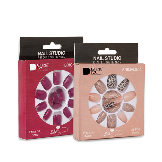 Stick On Nails | Dashing Diva Press Magic Animalier, Brick Red Reusable Artificial Fake Acrylic Press on Nails With Quick Dry Nail Glue, Pack of 2