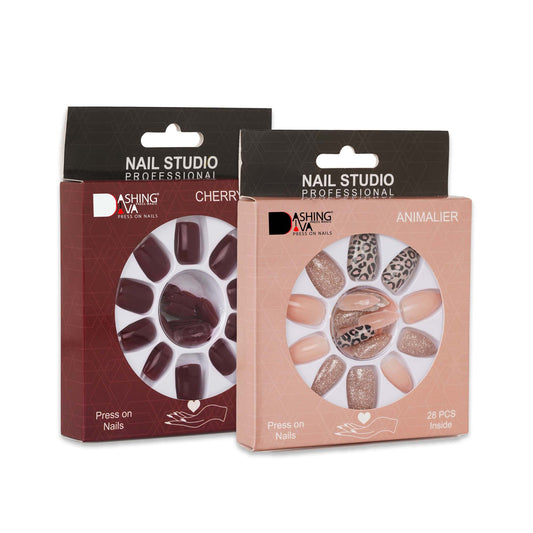 Stick On Nails | Dashing Diva Press Magic Animalier, Cherry Wood Reusable Fake/False Acrylic Press on Nails With Quick Dry Nail Glue, Pack of 2