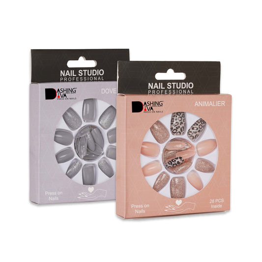 Stick On Nails | Dashing Diva Press Magic Animalier, Dove Grey Artificial Reusable False Acrylic Press on Nails With Quick Dry Nail Glue, Pack of 2