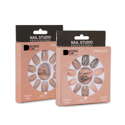 Stick On Nails | Dashing Diva Press Magic Animalier, Rose Beige Reusable False/Fake Acrylic Press on Nails With Quick Dry Nail Glue, Pack of 2