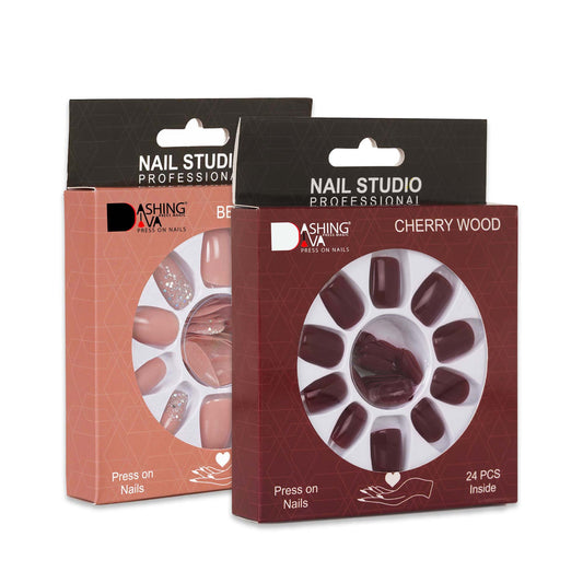 Stick On Nails | Dashing Diva Press Magic Beige Sparkles, Cherry Wood Reusable Fake/False Acrylic Press on Nails With Quick Dry Nail Glue, Pack of 2